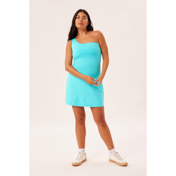 Girlfriend Collective Bianca One Shoulder Dress Turquoise Blue Athleisure SZ S - Picture 1 of 6